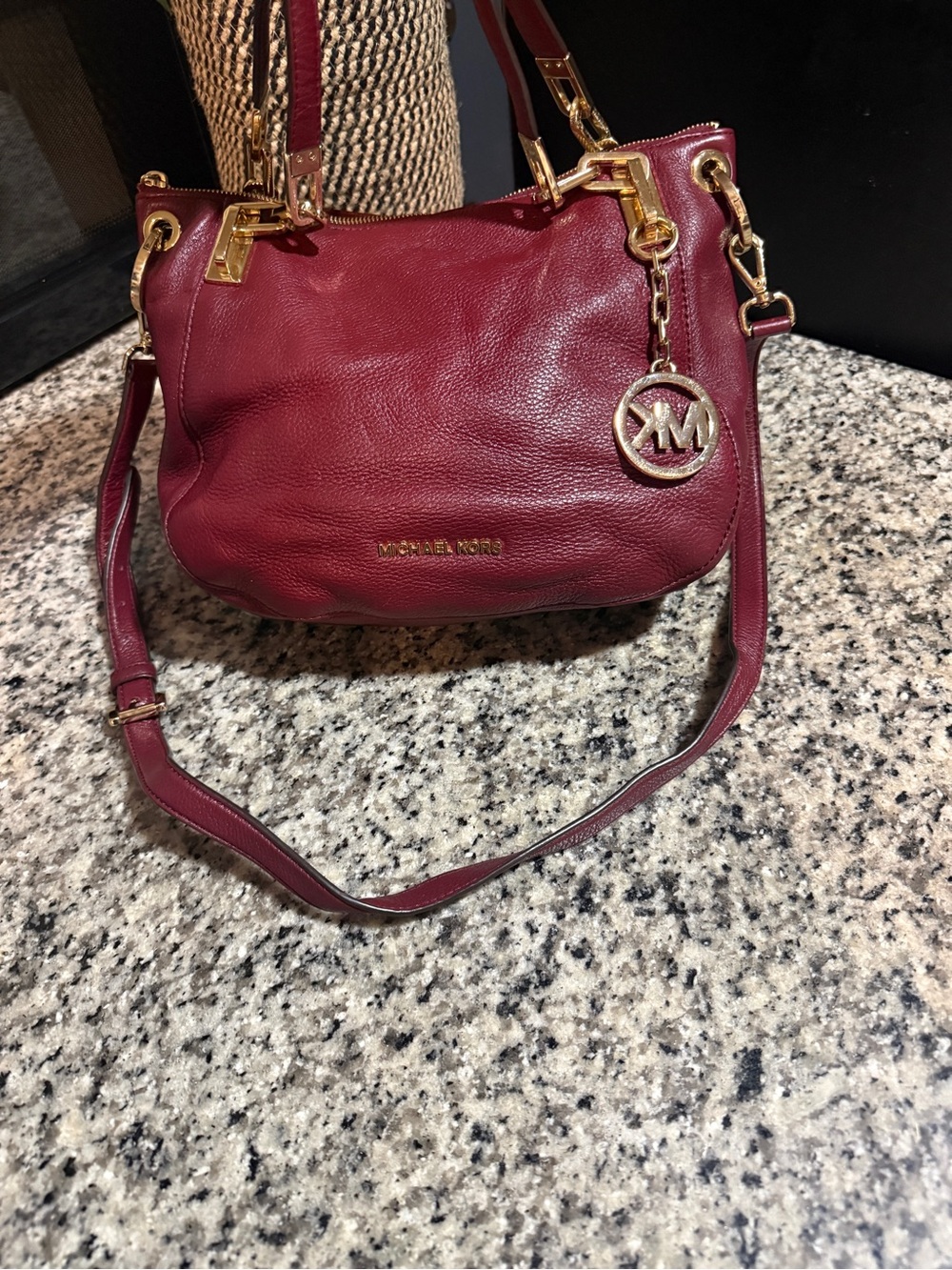 Michael Kors Red Leather Shoulder Bag with Gold MK Charm